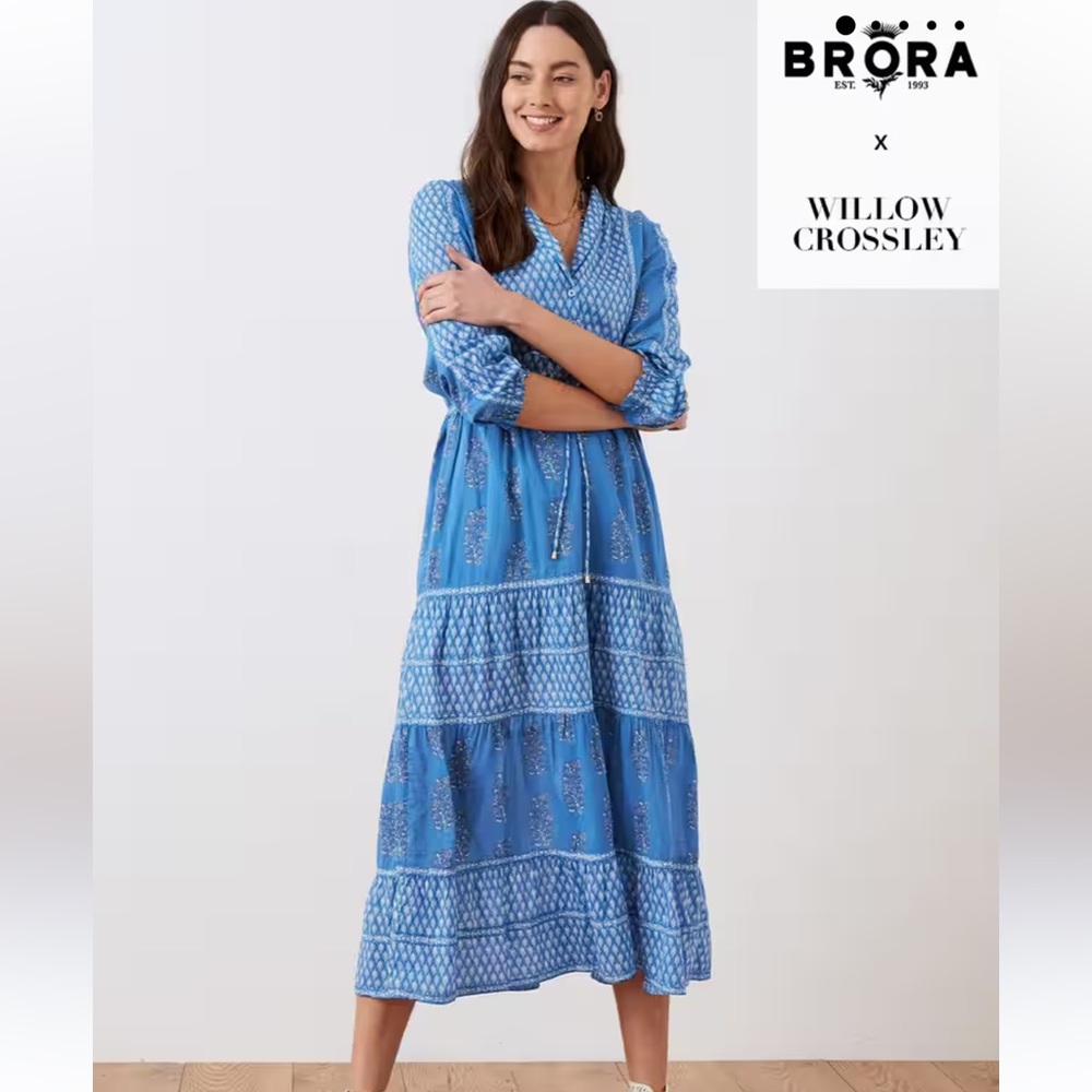 BRORA blue cotton voile patchwork midi dress US 12 UK 14